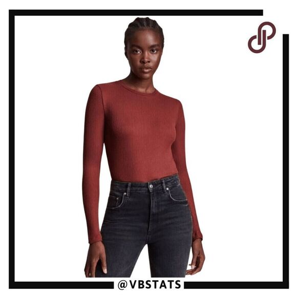 All Saints Women's Molly Ribbed Long Sleeve Bodysuit Berry Red Size 10 - Picture 1 of 9